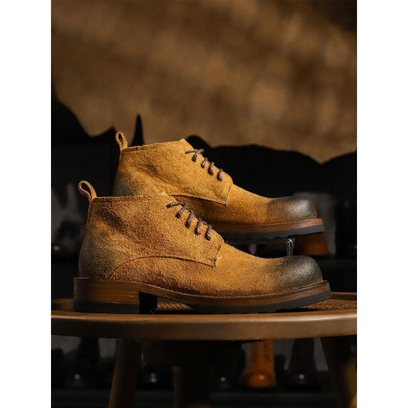 手工鞋春季高端马皮男靴手工翻毛大头马丁靴中帮复古机车休闲短靴