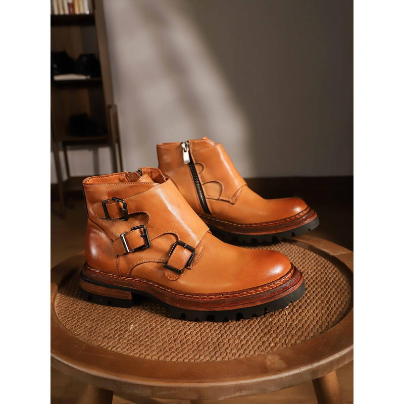 侧拉链水洗皮马丁靴男高端机车切尔西靴男士高帮皮靴手工复古牛仔